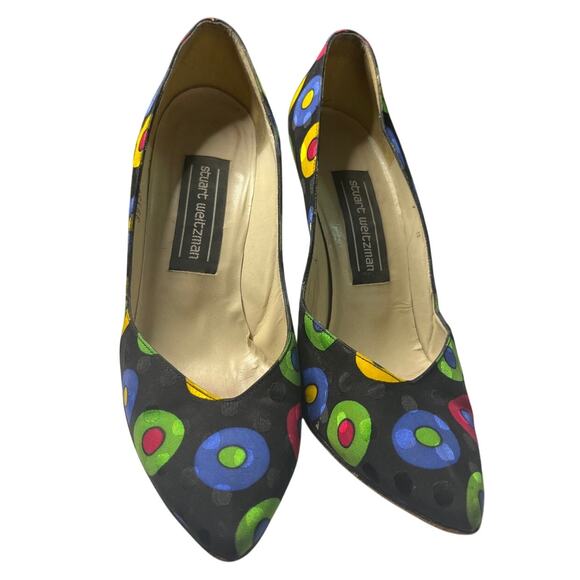 Stuart Weitzman Colorful Polka Dot printed silk heels 7B/M Vintage - Picture 4 of 10